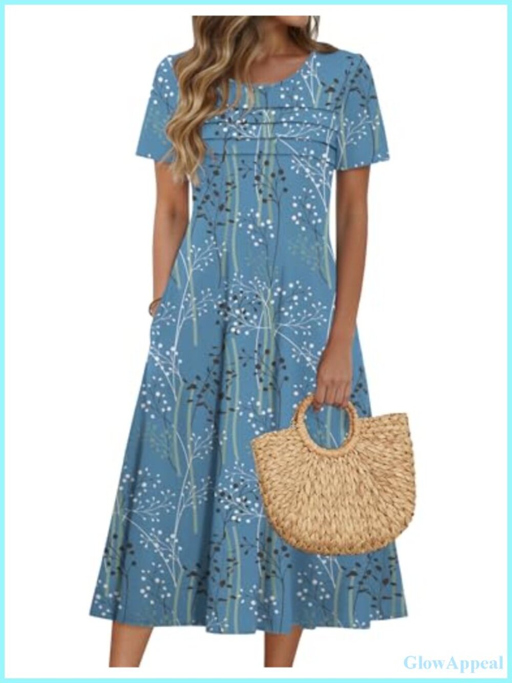 Women's Floral Puff Sleeve Midi Dress with Pockets Summer Beach Boho Flowy
